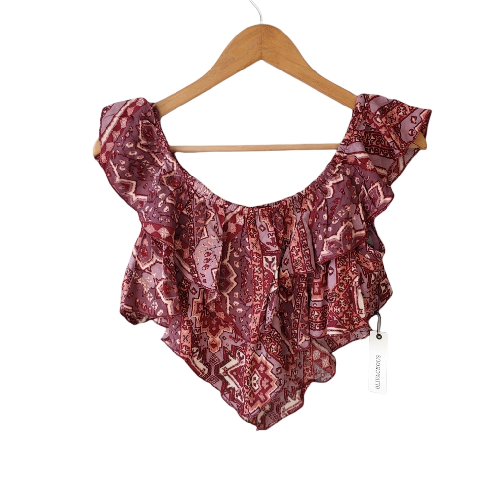 NWT- Olivaceous Purple and Maroon Ruffled Crop Top Size Medium